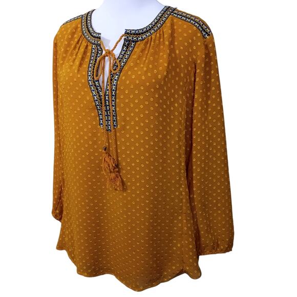 DR2 Blouse Peasant Top XL Flowy Artsy Boho Embroidery Golden Career Office Event - Picture 11 of 13